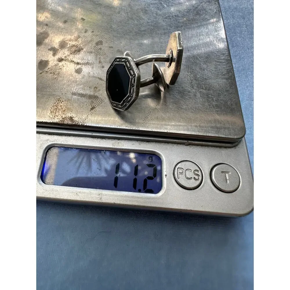 Vintage Sterling Silver Cufflinks Black Onyx Enamel Art Deco Mens